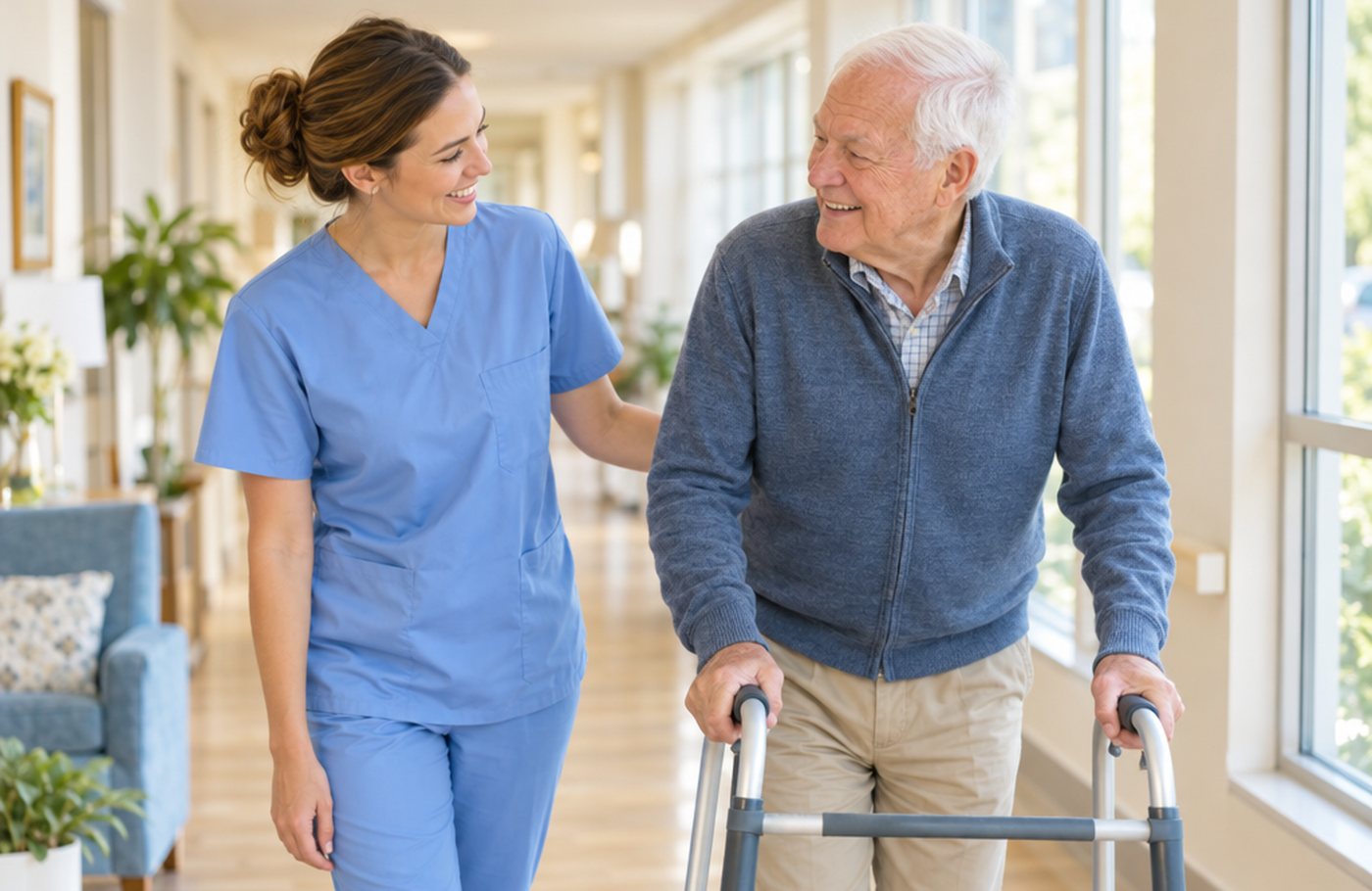 Pflegekraft begleitet einen Patienten mit Gehhilfe am Gang